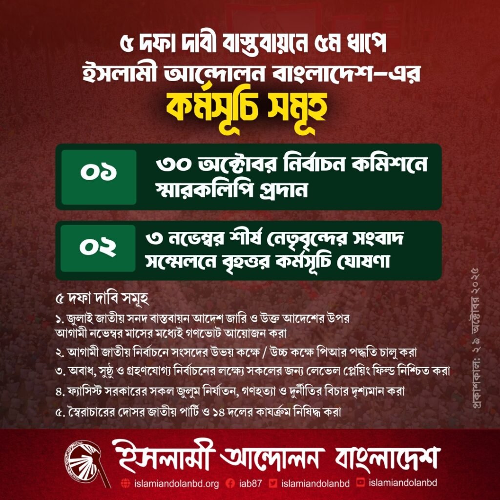 গণভোটসহ ৫ দফা দাবিতে ৫ম ধাপের কর্মসূচি ঘোষণা গণভোটসহ ৫ দফা দাবিতে ৫ম ধাপের কর্মসূচি ঘোষণা